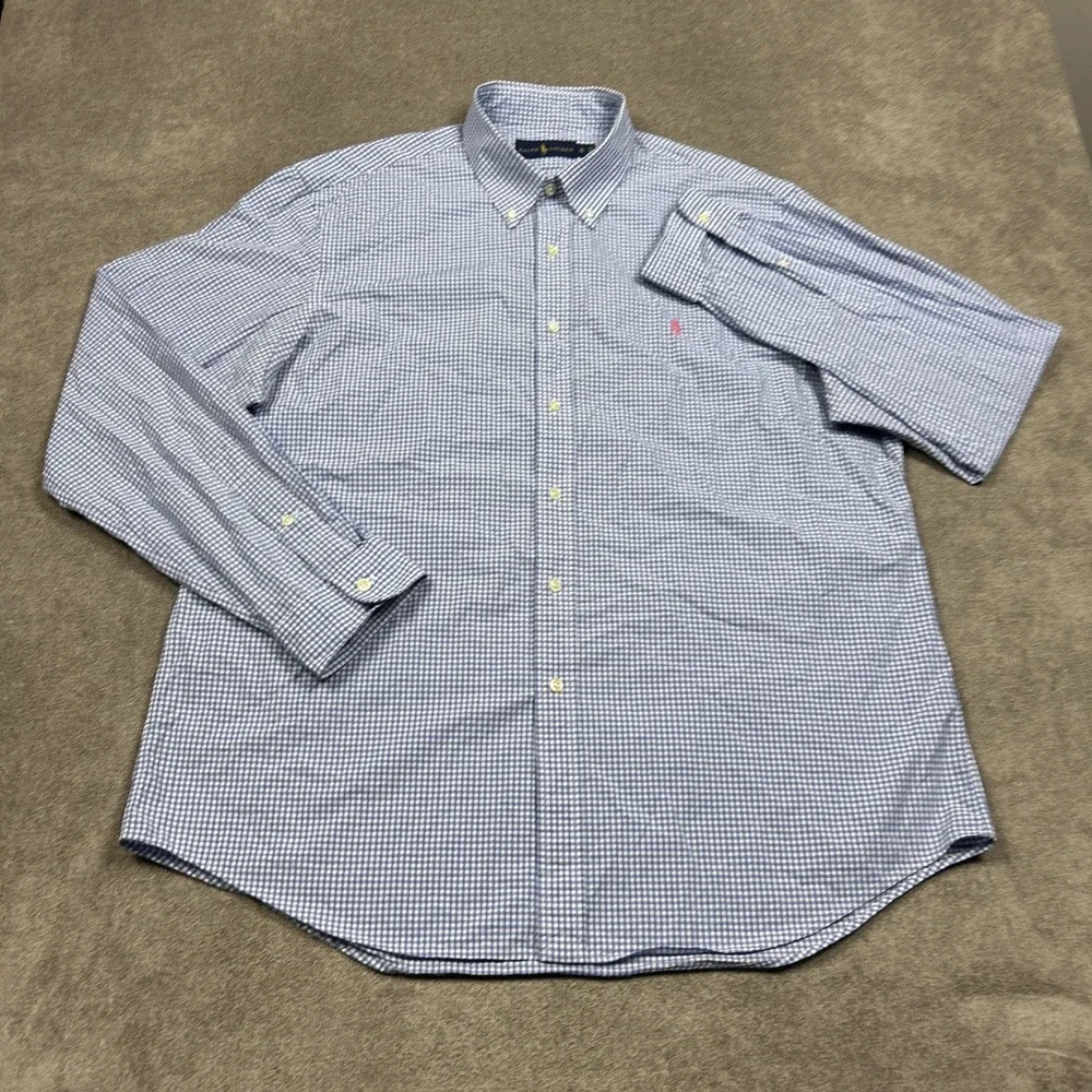 Ralph Lauren Mens Shirt XL Button Down Blue White Gingham Picnic Check Casual